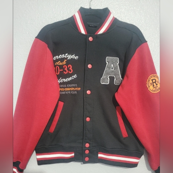 Riflessi Juniors Varsity Fleece Bomber Jacket S Snapped Black/ Red Cotton Blend - Picture 2 of 16